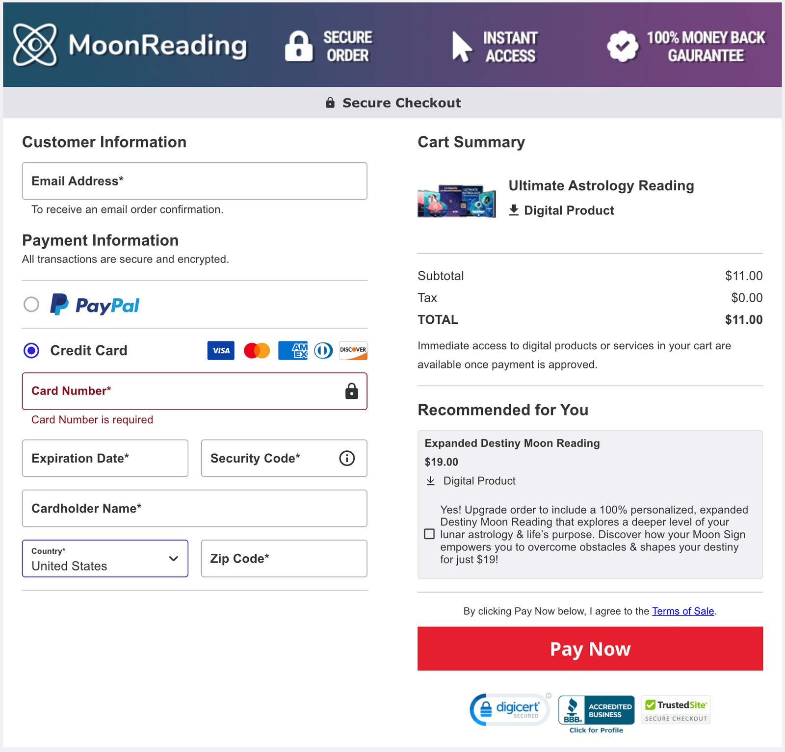 Moon Reading Checkout Page